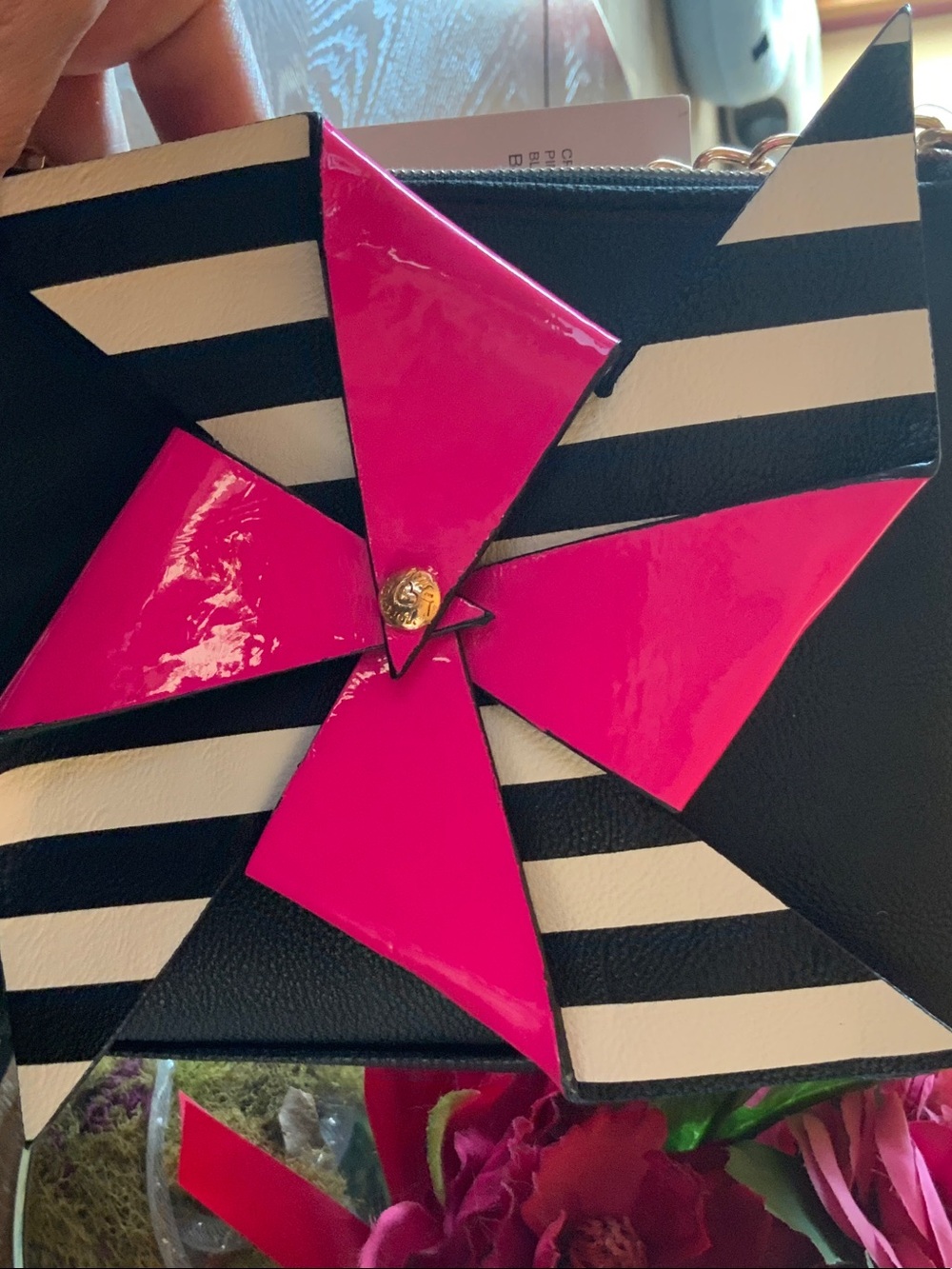 NWT Betsey Johnson Black & White Striped Mini Bag with Hot Pink Pinwheel